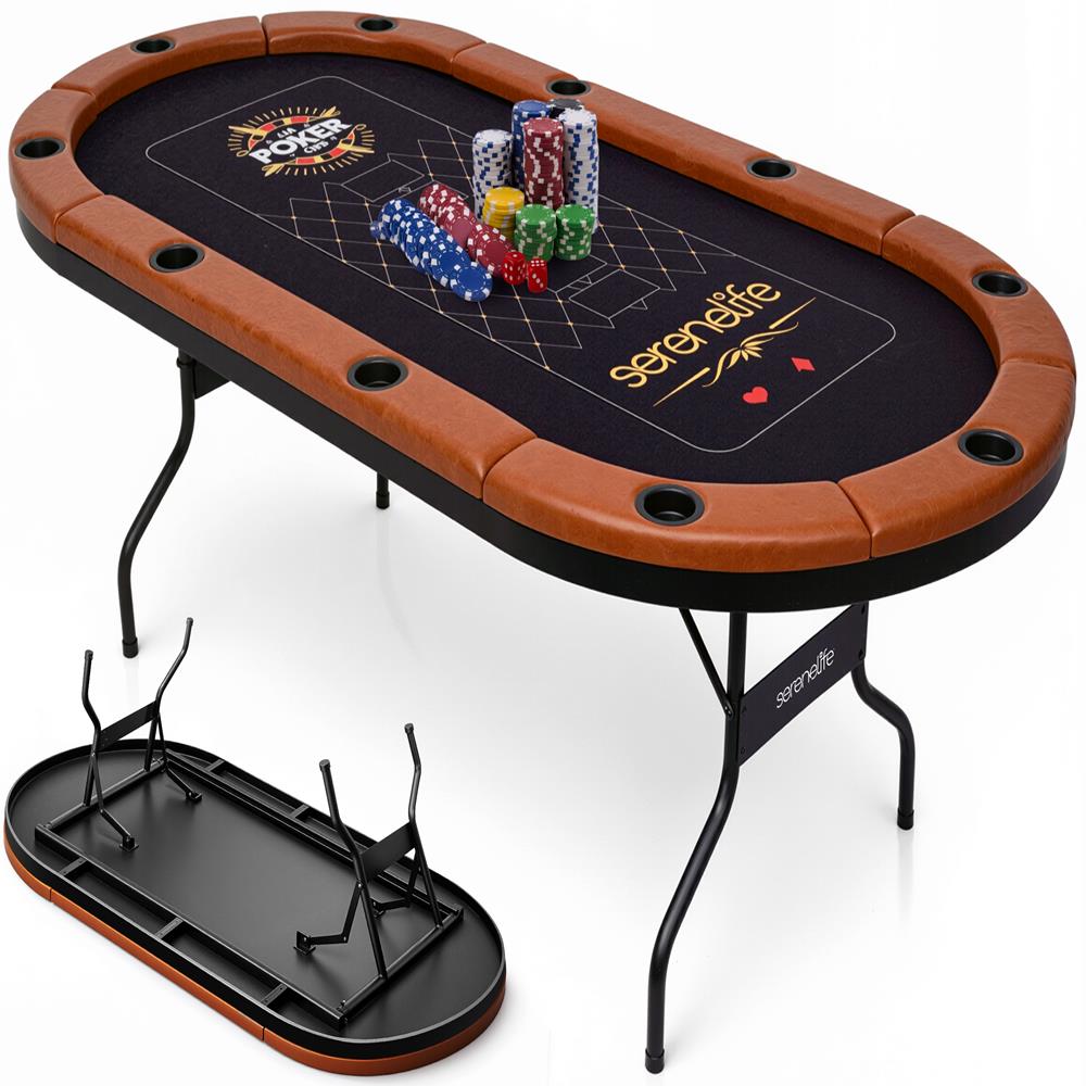SereneLife 10-Player Oval Foldable Poker Table - Casino Texas Holdem Table with Water-Resistant Cushioned Rail, 10 Cup Holders, Brown Felt Surface, Black Jack Board & Family Games (Dark Brown)