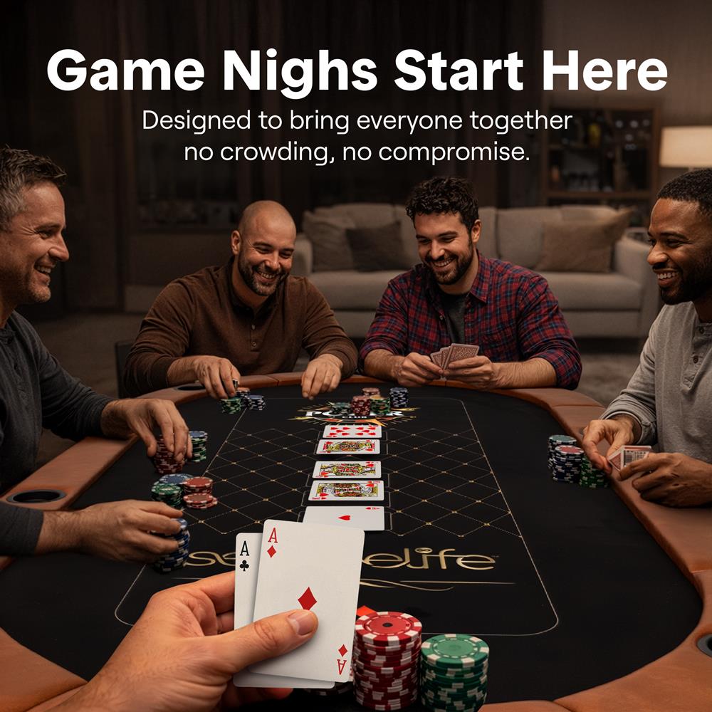 SereneLife 10-Player Oval Foldable Poker Table - Casino Texas Holdem Table with Water-Resistant Cushioned Rail, 10 Cup Holders, Brown Felt Surface, Black Jack Board & Family Games (Dark Brown)