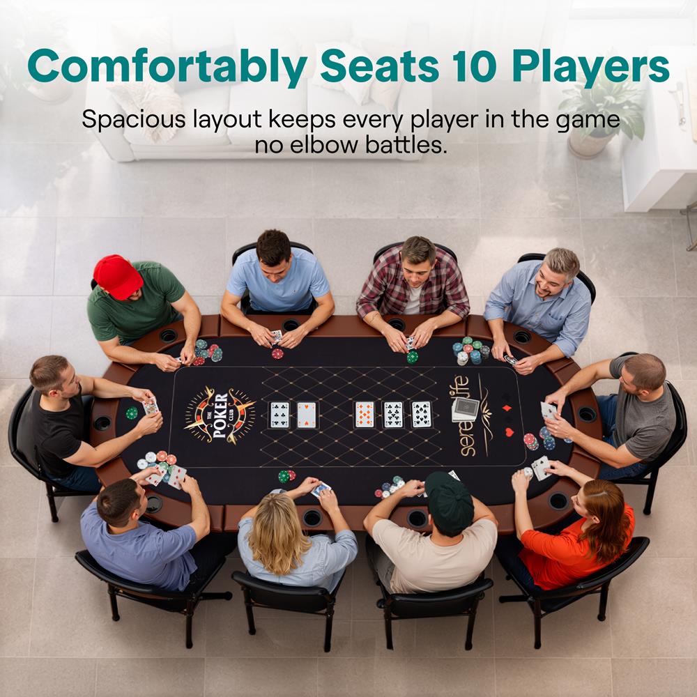 SereneLife 10-Player Oval Foldable Poker Table - Casino Texas Holdem Table with Water-Resistant Cushioned Rail, 10 Cup Holders, Brown Felt Surface, Black Jack Board & Family Games (Dark Brown)
