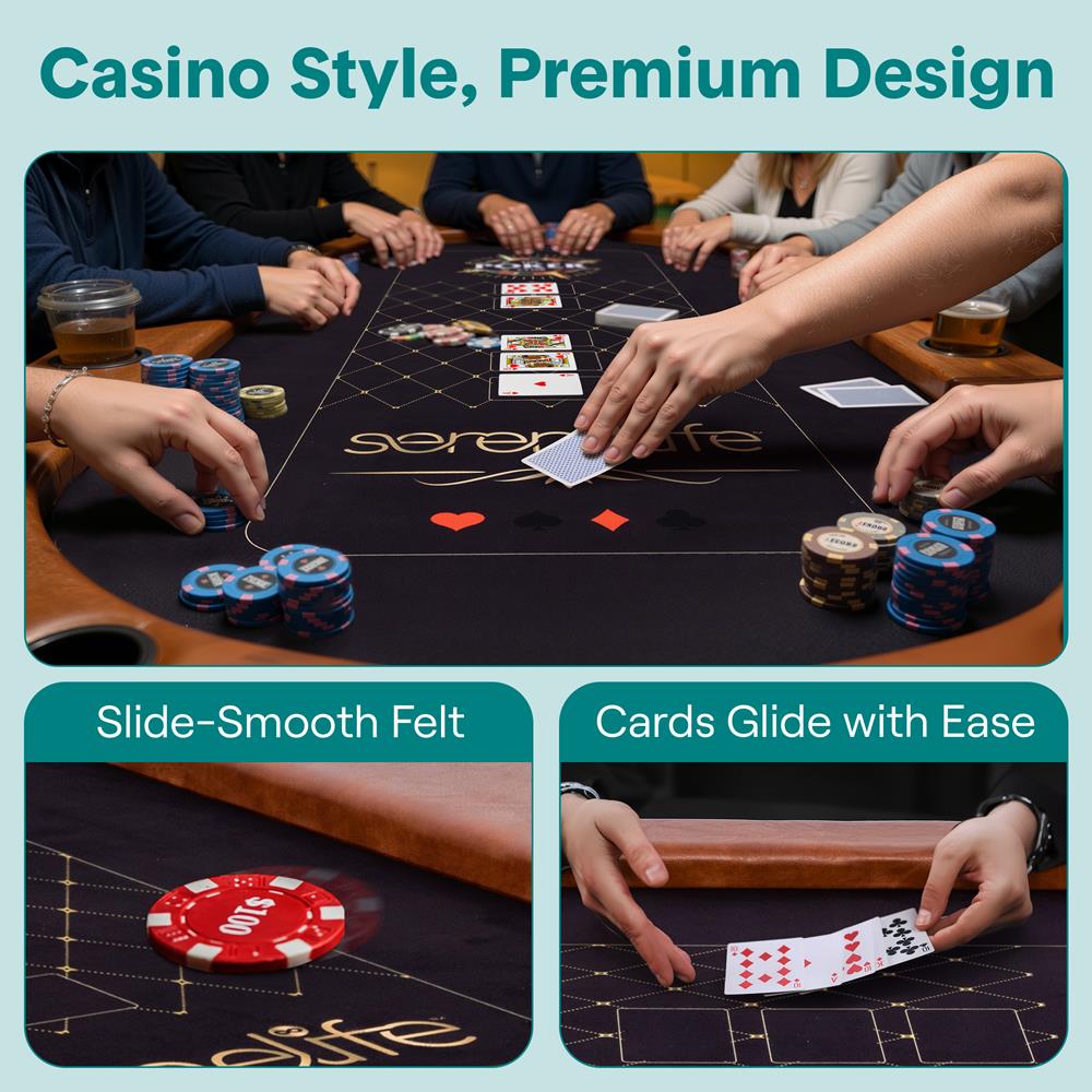 SereneLife 10-Player Oval Foldable Poker Table - Casino Texas Holdem Table with Water-Resistant Cushioned Rail, 10 Cup Holders, Brown Felt Surface, Black Jack Board & Family Games (Dark Brown)