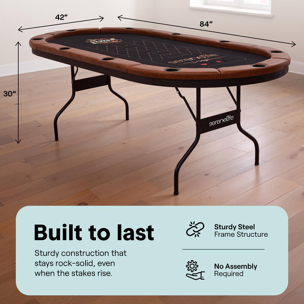 SereneLife 10-Player Oval Foldable Poker Table - Casino Texas Holdem Table with Water-Resistant Cushioned Rail, 10 Cup Holders, Brown Felt Surface, Black Jack Board & Family Games (Dark Brown)
