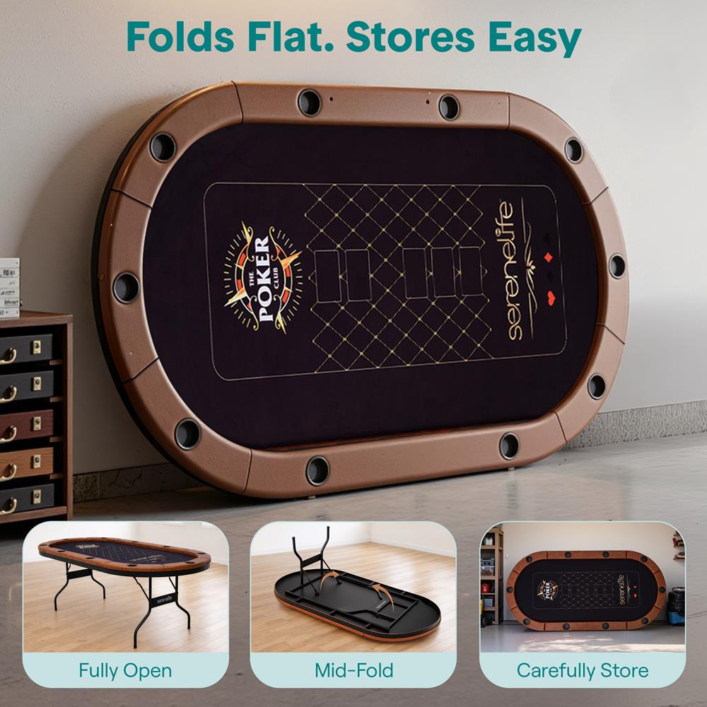 SereneLife 10-Player Oval Foldable Poker Table - Casino Texas Holdem Table with Water-Resistant Cushioned Rail, 10 Cup Holders, Brown Felt Surface, Black Jack Board & Family Games (Dark Brown)