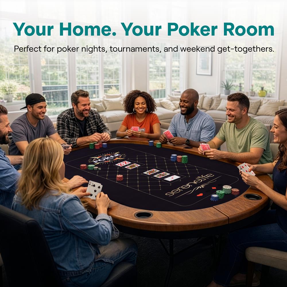 SereneLife 10-Player Oval Foldable Poker Table - Casino Texas Holdem Table with Water-Resistant Cushioned Rail, 10 Cup Holders, Brown Felt Surface, Black Jack Board & Family Games (Dark Brown)