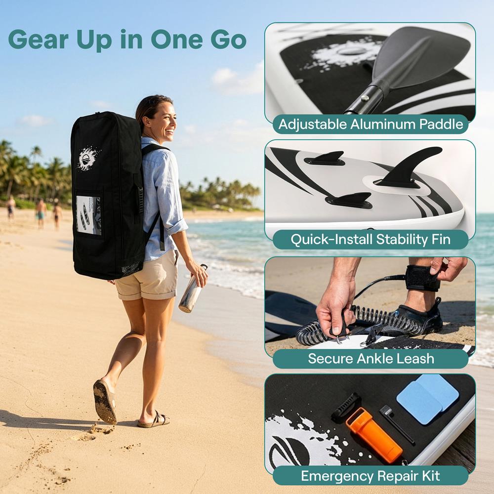 SereneLife Inflatable Stand Up Paddle Board - Wide Stable Design, Non-Slip Deck for Adults & Youth with Premium Paddle Board Accessories: Carry Bag, Dual Action Pump, Paddle, Ankle Leash - 10'10"