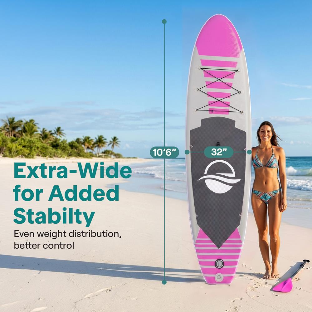 SereneLife Inflatable Stand Up Paddle Board (6" Thick) with Premium SUP Accessories & Carry Bag | Wide Stance, Bottom Fin for Paddling, Surf Control, Non-Slip Deck | Youth & Adult Standing Boat, Pink