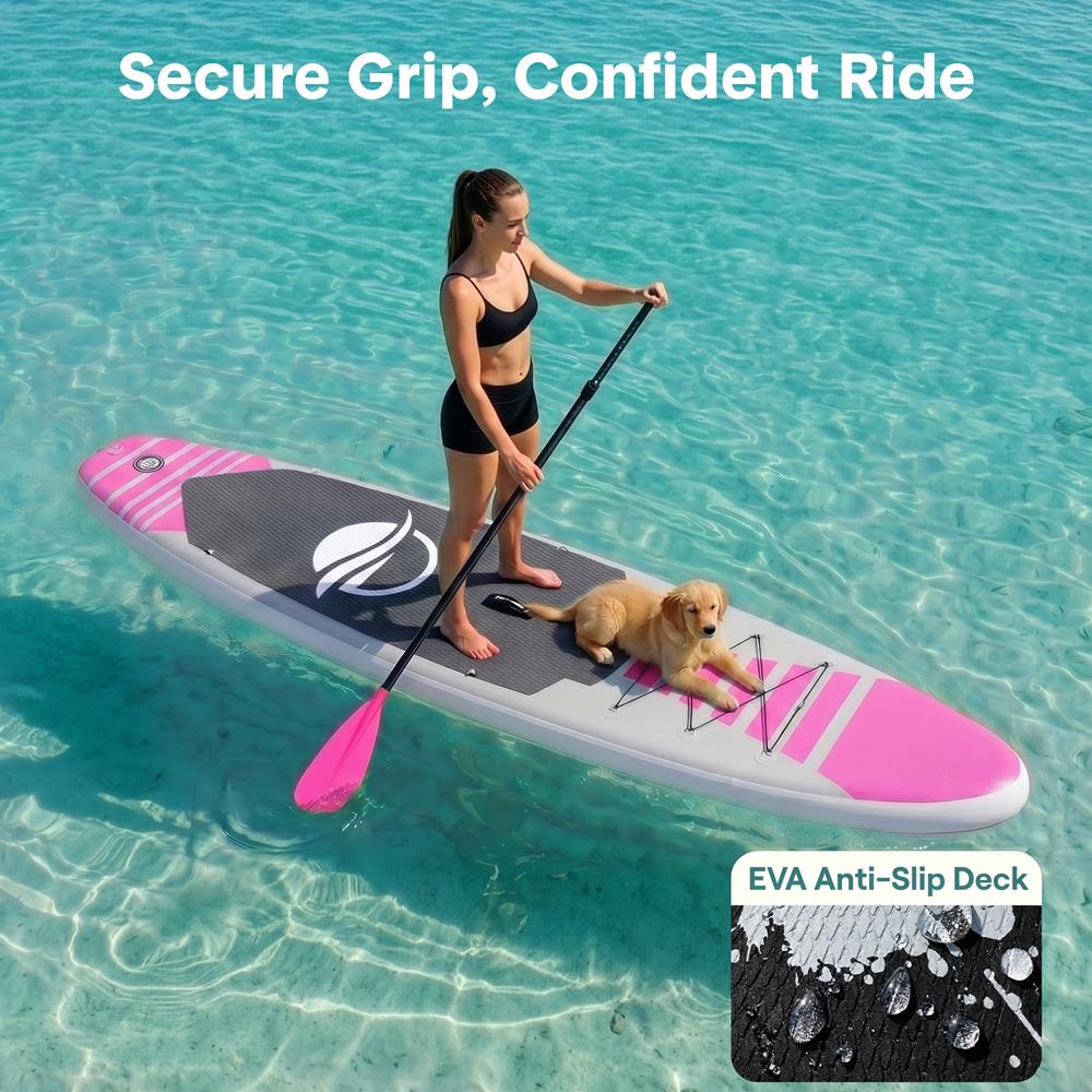 SereneLife Inflatable Stand Up Paddle Board (6" Thick) with Premium SUP Accessories & Carry Bag | Wide Stance, Bottom Fin for Paddling, Surf Control, Non-Slip Deck | Youth & Adult Standing Boat, Pink