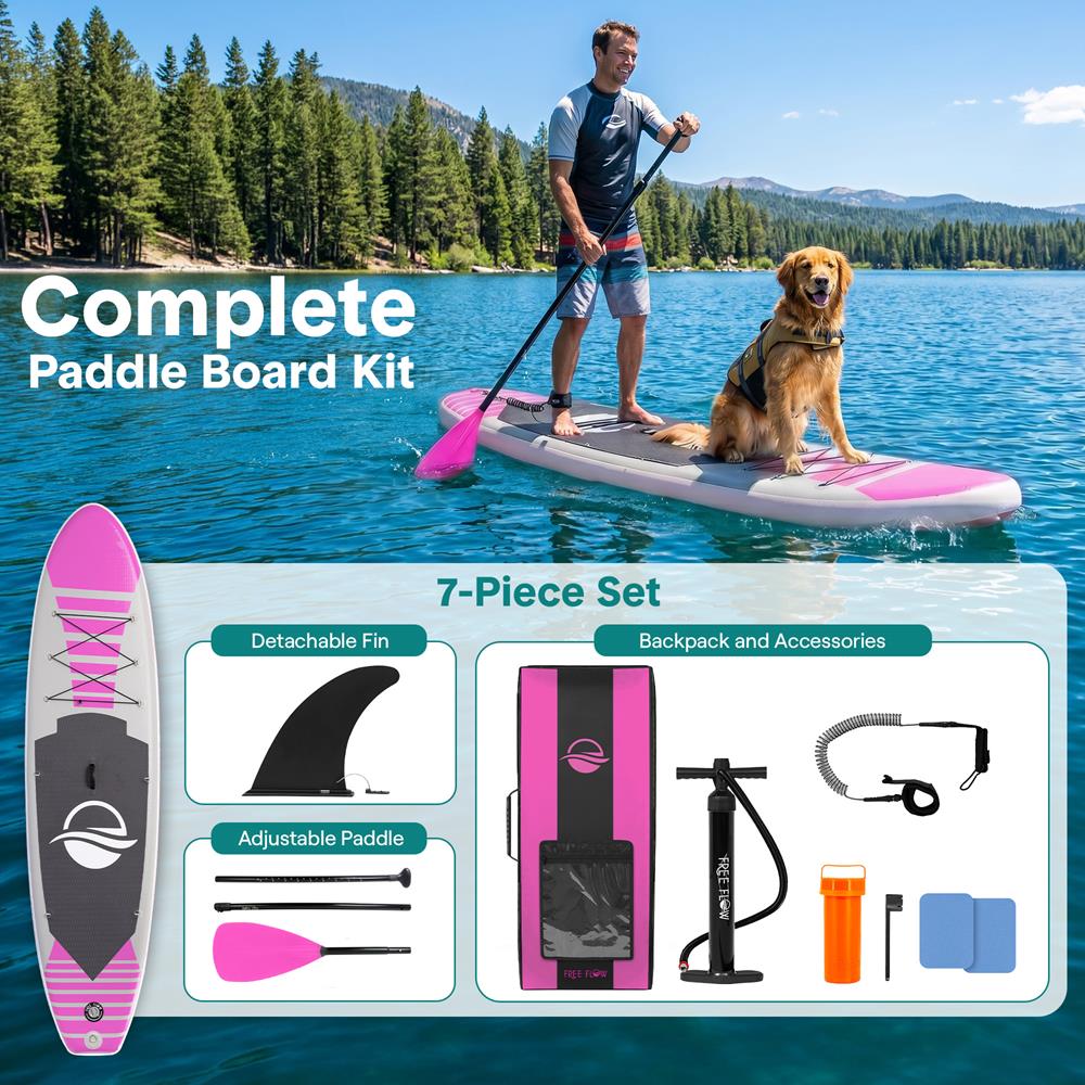SereneLife Inflatable Stand Up Paddle Board (6" Thick) with Premium SUP Accessories & Carry Bag | Wide Stance, Bottom Fin for Paddling, Surf Control, Non-Slip Deck | Youth & Adult Standing Boat, Pink