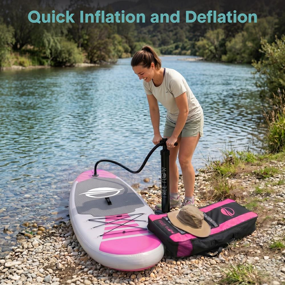 SereneLife Inflatable Stand Up Paddle Board (6" Thick) with Premium SUP Accessories & Carry Bag | Wide Stance, Bottom Fin for Paddling, Surf Control, Non-Slip Deck | Youth & Adult Standing Boat, Pink