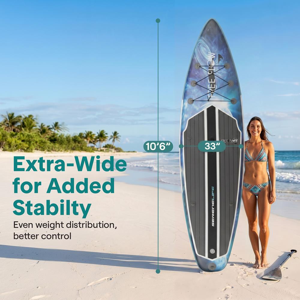 SereneLife Inflatable Stand Up Paddle Board - Wide Stable Design, Non-Slip Deck for Adults & Youth with Premium Paddle Board Accessories: Carry Bag, Dual Action Pump, Paddle, Ankle Leash - 10'6"