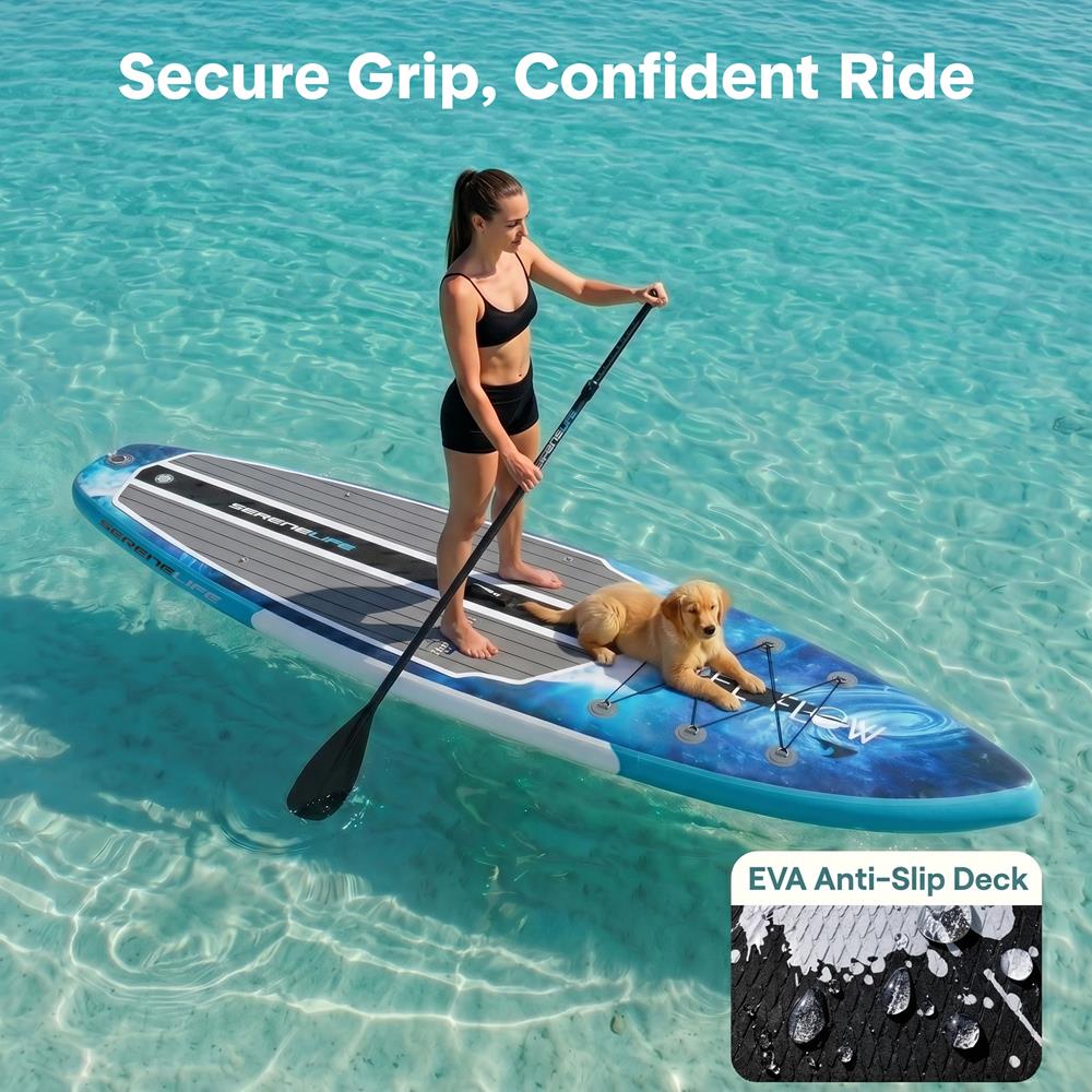 SereneLife Inflatable Stand Up Paddle Board - Wide Stable Design, Non-Slip Deck for Adults & Youth with Premium Paddle Board Accessories: Carry Bag, Dual Action Pump, Paddle, Ankle Leash - 10'6"