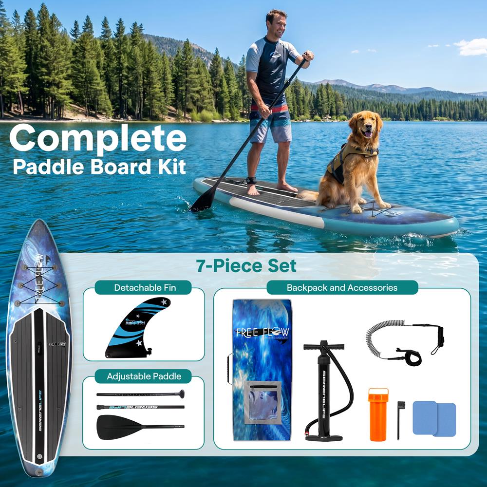 SereneLife Inflatable Stand Up Paddle Board - Wide Stable Design, Non-Slip Deck for Adults & Youth with Premium Paddle Board Accessories: Carry Bag, Dual Action Pump, Paddle, Ankle Leash - 10'6"