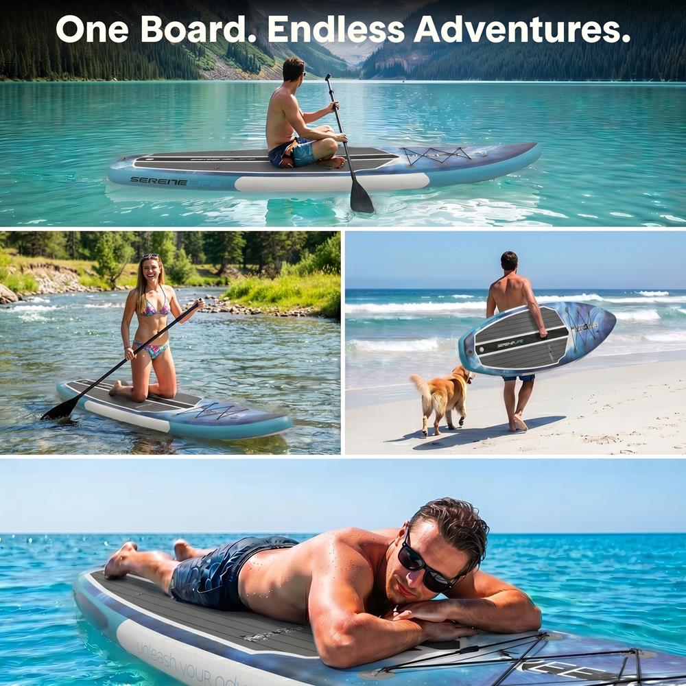 SereneLife Inflatable Stand Up Paddle Board - Wide Stable Design, Non-Slip Deck for Adults & Youth with Premium Paddle Board Accessories: Carry Bag, Dual Action Pump, Paddle, Ankle Leash - 10'6"