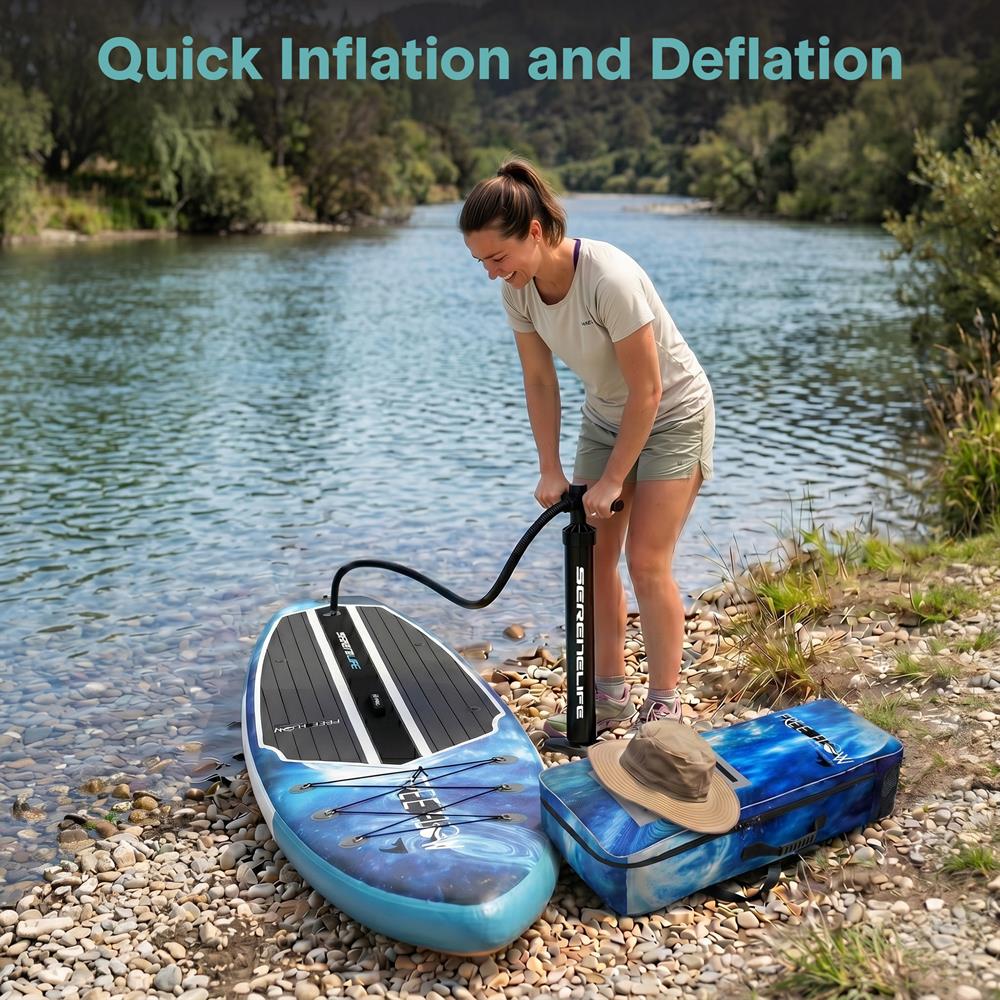 SereneLife Inflatable Stand Up Paddle Board - Wide Stable Design, Non-Slip Deck for Adults & Youth with Premium Paddle Board Accessories: Carry Bag, Dual Action Pump, Paddle, Ankle Leash - 10'6"