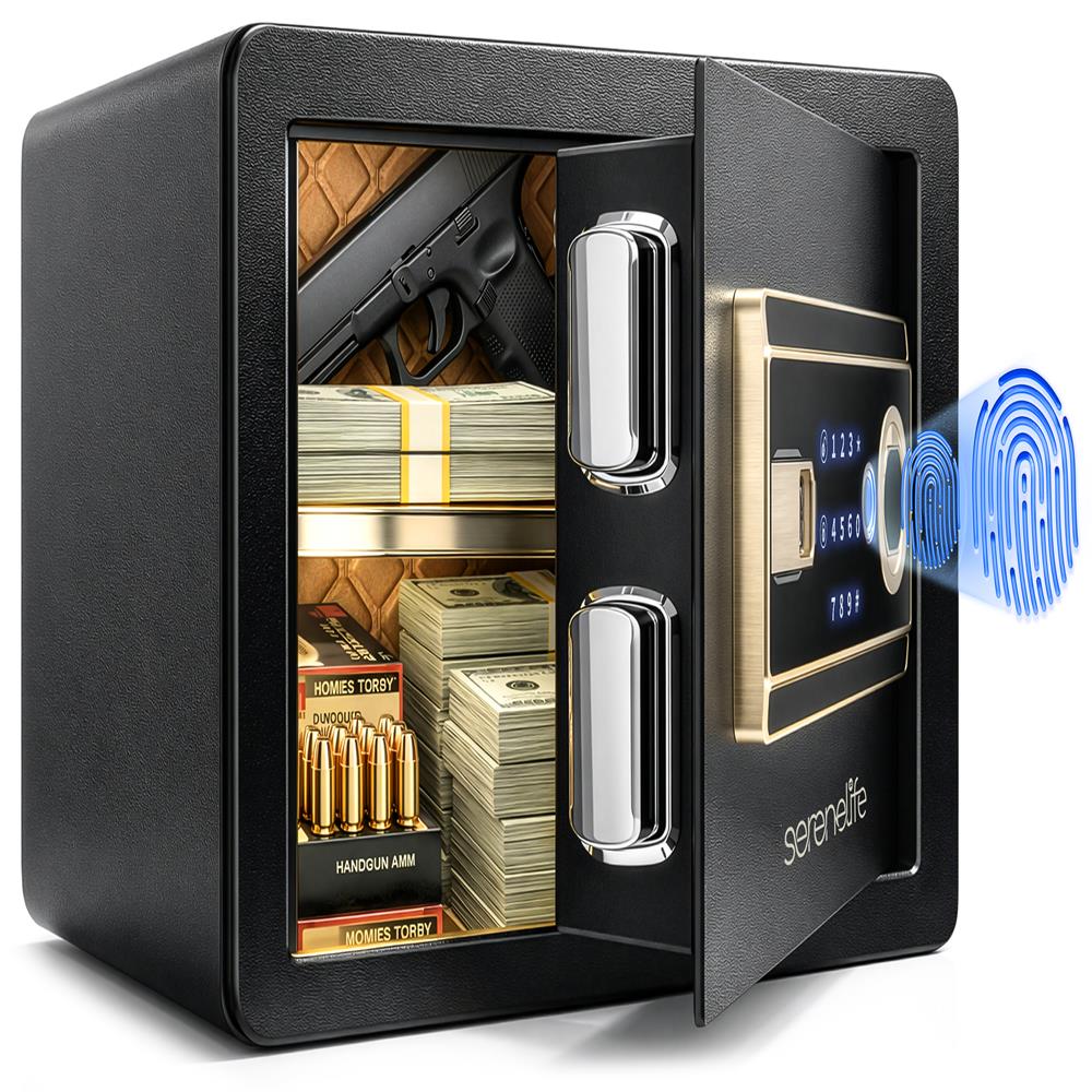SereneLife Home Safe Box | Electronic Fingerprint Access, Money Safe for Home & Office, Touchscreen Keypad & Lock, Steel, Includes 2 Master Keys | 13.77 x 9.84 x 9.84 Inch 0.63 Cubic FT