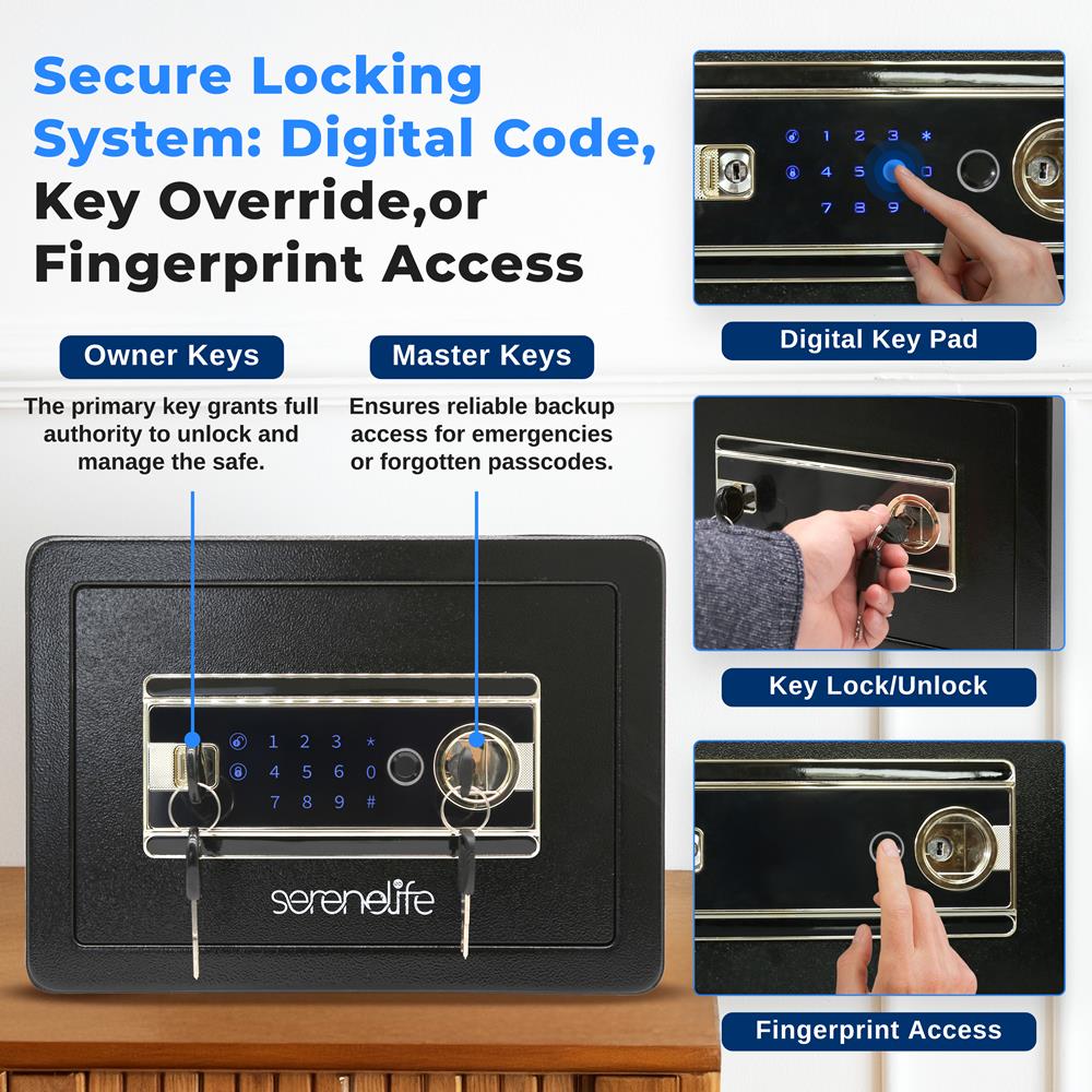 SereneLife Home Safe Box | Electronic Fingerprint Access, Money Safe for Home & Office, Touchscreen Keypad & Lock, Steel, Includes 2 Master Keys | 13.77 x 9.84 x 9.84 Inch 0.63 Cubic FT
