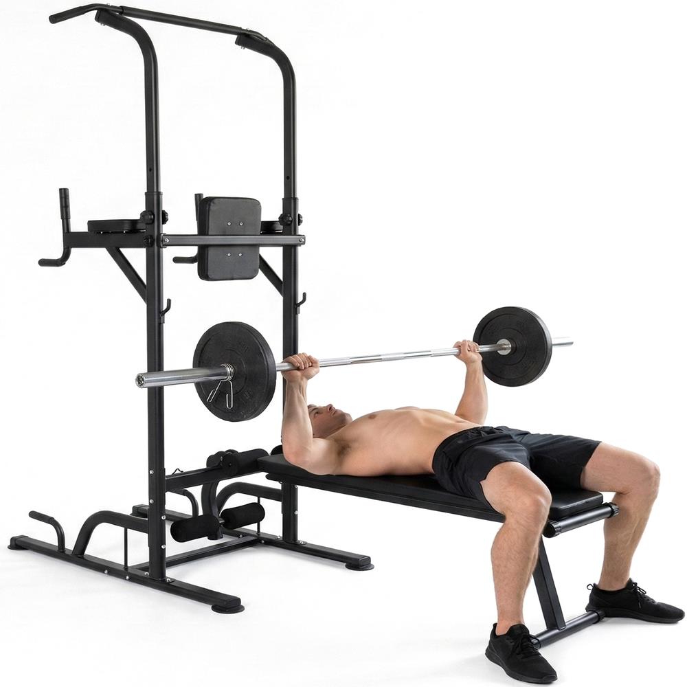 SQUATZ Pull-Up Workout Station with Bench - Multifunctional Gym Equipment Setup w/Pulling Bar, Sit-Up Board, Backrest, Elbow Pad, & Steel Main Frame, Great for Home Exercise and Weight Training