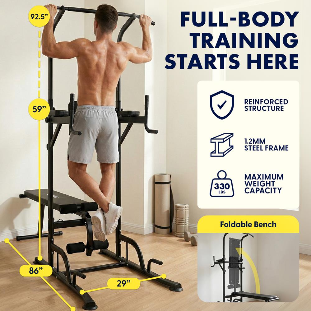 SQUATZ Pull-Up Workout Station with Bench - Multifunctional Gym Equipment Setup w/Pulling Bar, Sit-Up Board, Backrest, Elbow Pad, & Steel Main Frame, Great for Home Exercise and Weight Training