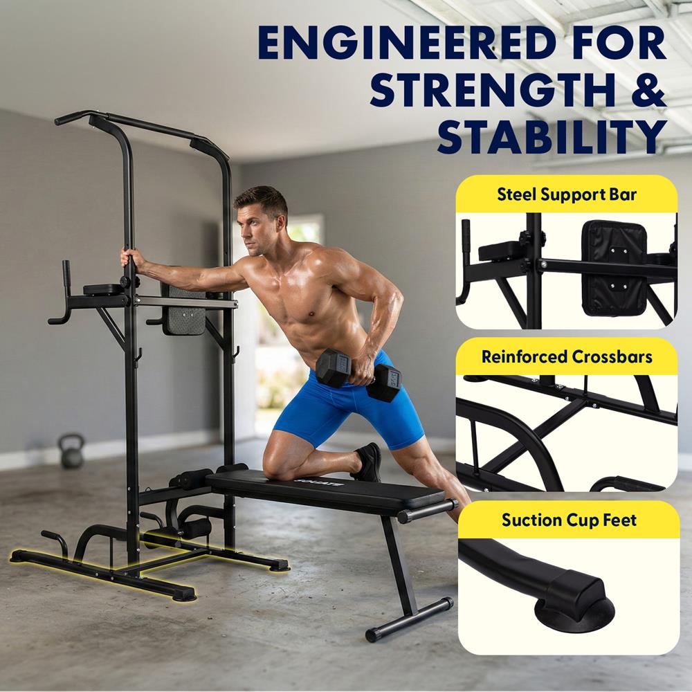 SQUATZ Pull-Up Workout Station with Bench - Multifunctional Gym Equipment Setup w/Pulling Bar, Sit-Up Board, Backrest, Elbow Pad, & Steel Main Frame, Great for Home Exercise and Weight Training
