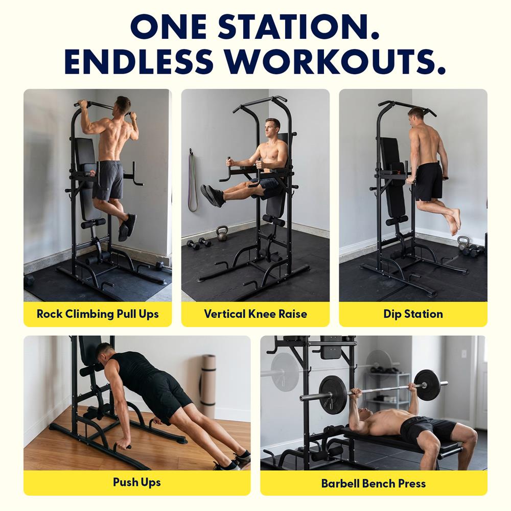 SQUATZ Pull-Up Workout Station with Bench - Multifunctional Gym Equipment Setup w/Pulling Bar, Sit-Up Board, Backrest, Elbow Pad, & Steel Main Frame, Great for Home Exercise and Weight Training