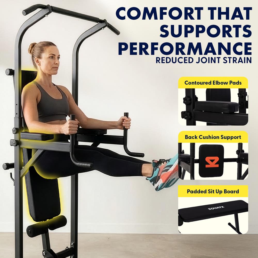 SQUATZ Pull-Up Workout Station with Bench - Multifunctional Gym Equipment Setup w/Pulling Bar, Sit-Up Board, Backrest, Elbow Pad, & Steel Main Frame, Great for Home Exercise and Weight Training